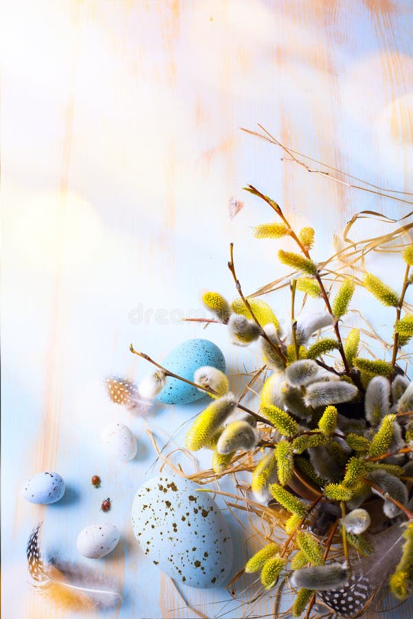 Happy Easter; Easter eggs and sprig flowers on blue background stock photography