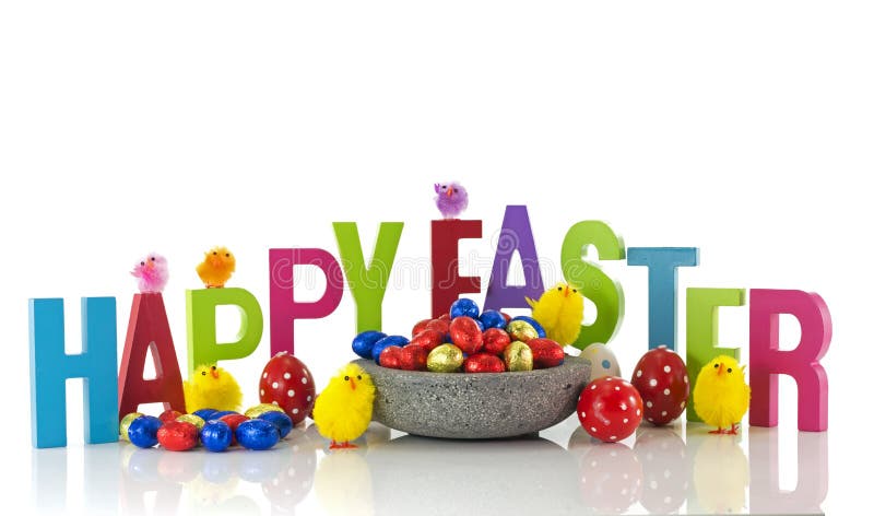 Happy easter eggs and chicks royalty free stock photography