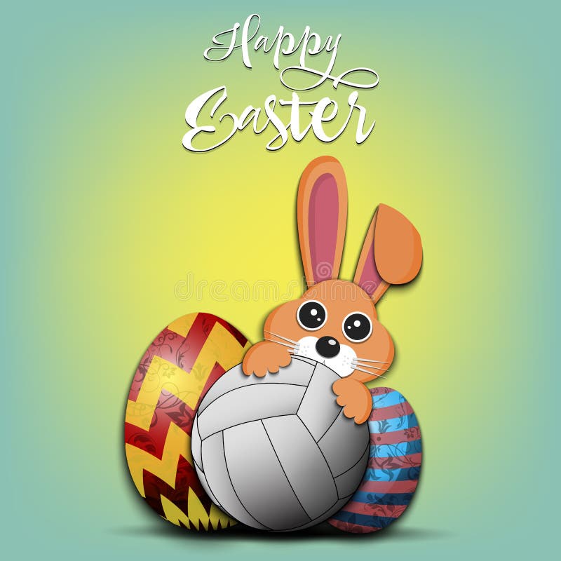 Happy Easter. Easter Eggs, Rabbit and Volleyball Ball Stock