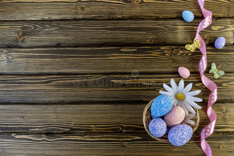 Happy easter! Flat Lay, Internet banner with Copy Space on Easter