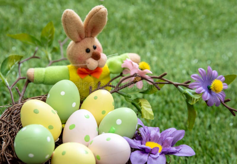 Happy Easter. Colorful eggs in a nest on green grass, close up view