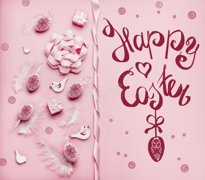 Happy Easter greeting card with eggs, feathers and ribbons at pink background, top view, with copy space for your design. Flat lay stock photos Happy Easter greeting card with eggs, feathers and ribbons at pink background, top view, with copy space for your design. Flat lay stock photos