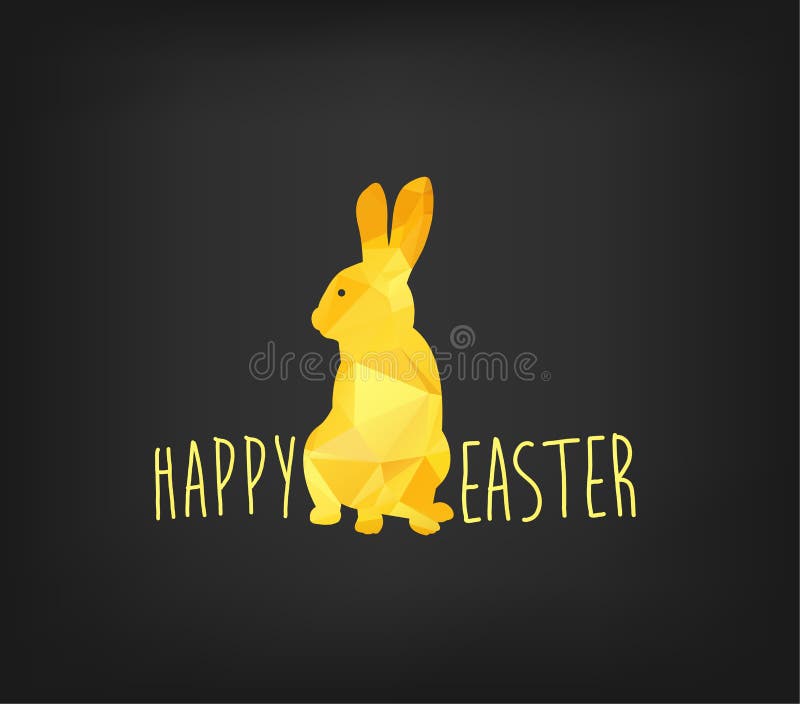 Happy Easter greeting card in low poly triangle style. Flat design polygon of golden easter bunny isolated on black background