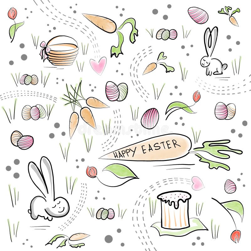 Hand drawn set of Happy easter doodle. Easter bunny, chick, eggs, branches,  tulips in sketch style. Design for card template, holiday  decorations.Vector illustration isolated on white background. 6327414  Vector Art at Vecteezy