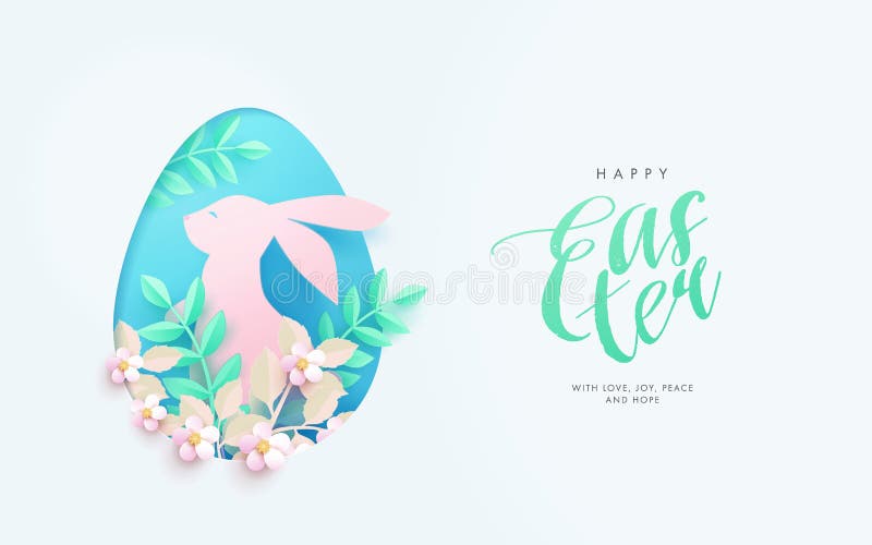 Happy Easter greeting card, website banner, poster, flyer or holiday cover. Modern design in paper cut style with bunny in egg