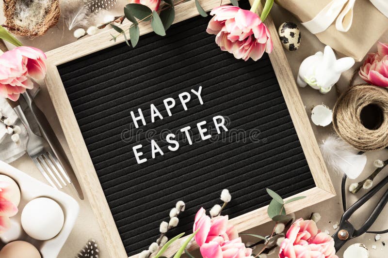 Happy Easter Letter Board and Spring Table Setting Top View Stock Photo Image of board