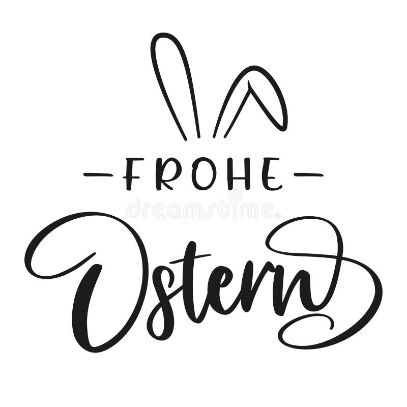 Happy Easter Lettering in German with Bunny Ears. Isolated on White