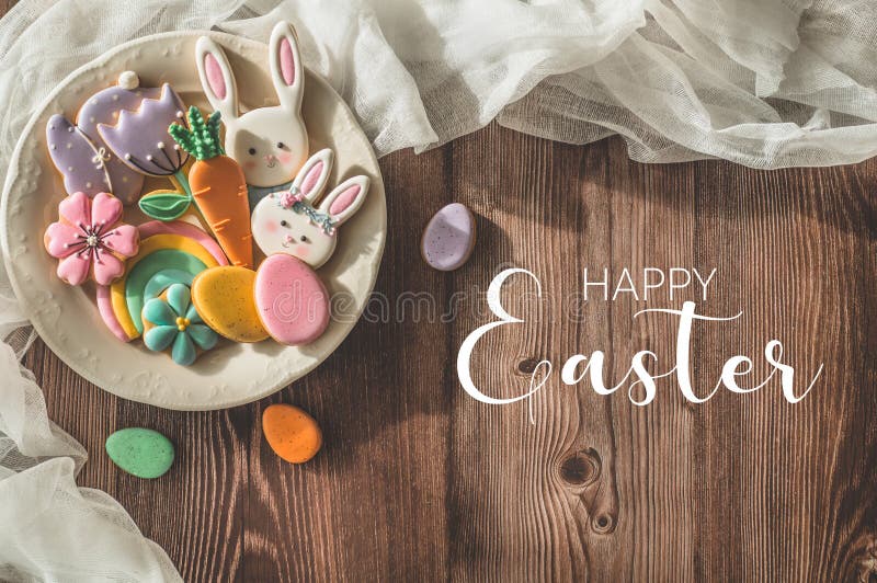 Happy Easter. Multicolored Pastel Easter Cookies on a Wooden