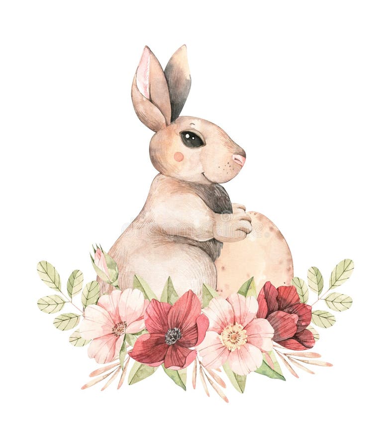 Happy Easter. Pink roses blossom and bunny. Bouquet with gentle rose, bud, branches, green leaves. Watercolor botanical