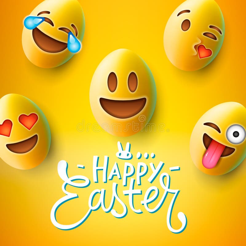Happy Easter Poster, Easter Eggs with Cute Smiling Emoji Faces, Vector