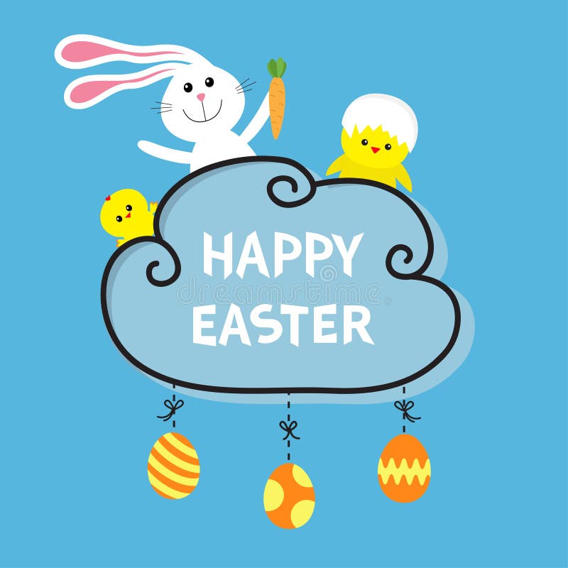 Happy Easter. Rabbit hare bunny and carrot, baby chicken shell. Cloud frame. Hanging painted eggs. Dash line with bows. Greeting c stock illustration Happy Easter. Rabbit hare bunny and carrot, baby chicken shell. Cloud frame. Hanging painted eggs. Dash line with bows. Greeting c stock illustration