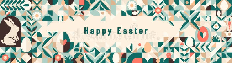 Happy Easter vector banner background. Modern geometric abstract style with rabbits, simple elements, eggs, plants