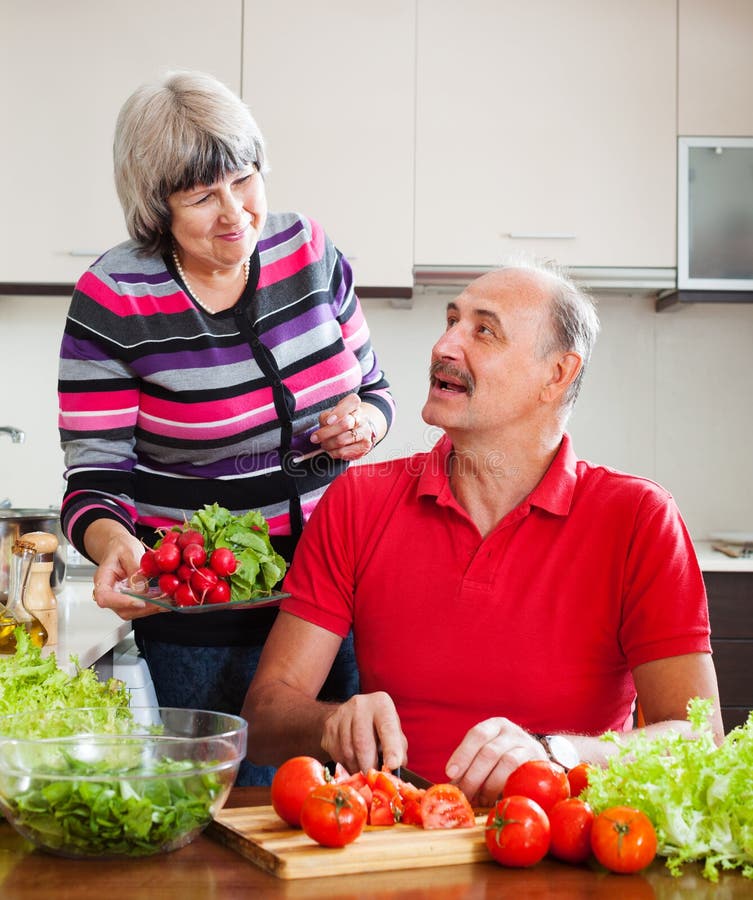 Happy Elderly Couple Cooking Lunch in Kitchen Stock Photo Image of
