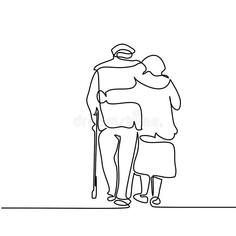 Happy elderly couple hugging and walking