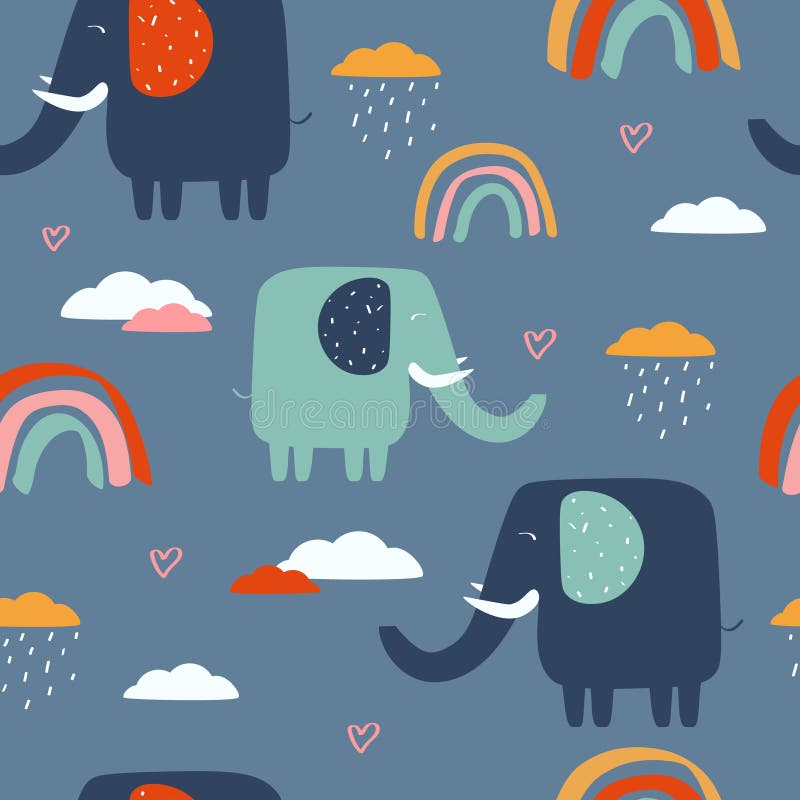 Happy elephants, clouds, rainbow, decorative cute background. Colorful seamless pattern with animals royalty free illustration