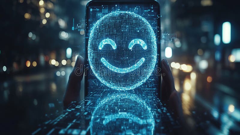 Happy emoji on tablet, city night background, positive feedback royalty free illustration