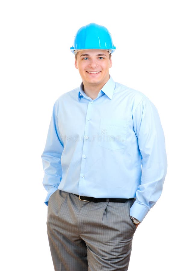 Happy engineer with blue hard hat stock photos