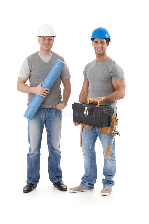 Happy engineer and builder workman stock images