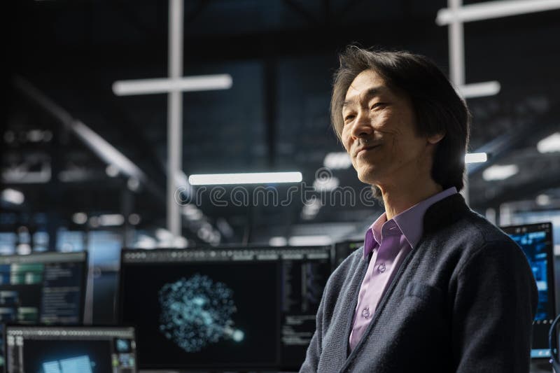 Happy engineer in data center uses deep learning LLM assistant to do maintenance royalty free stock photos