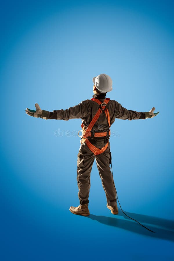 Happy engineer feel succerss after good work. Color studio background stock images