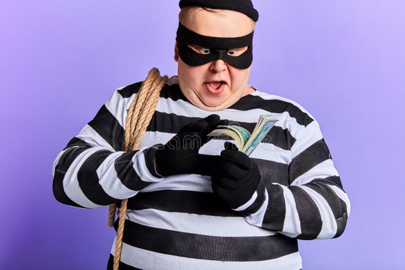 Fat Happy Excited Burglar Holding Jewel In Palms And Looking At The Camera Stock Image Image