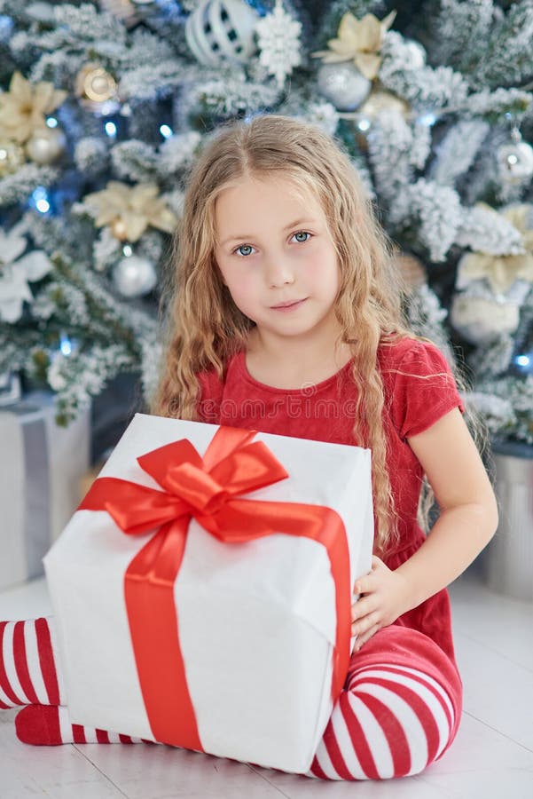 Happy Excited Girl Child Holding Christmas Gift Box Stock Photo - Image ...