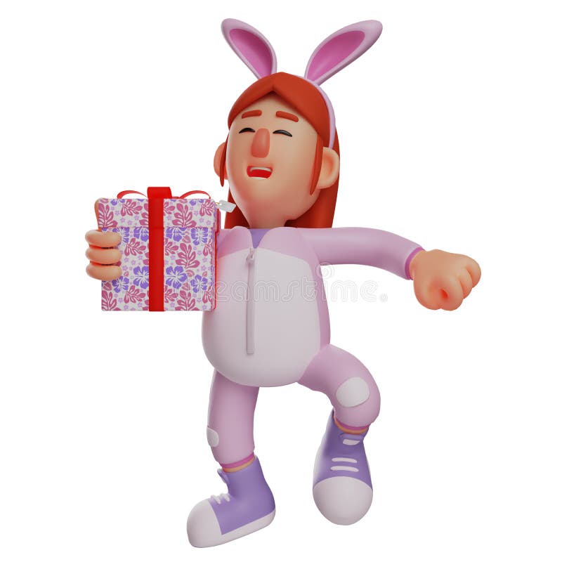 3D illustration. Cheerful Bunny Girl 3D cartoon character. Bunny Girl is  listening to a song on her cellphone. Bunny girl smiled while following the  music she was listening to. 3D cartoon character