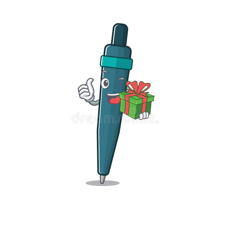 Happy Face Fountain Pen Scroll Character with Gift Box Stock Vector