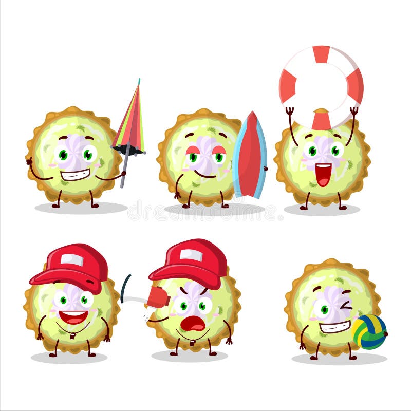 Happy Face Key Lime Pie Cartoon Character Playing on a Beach Stock