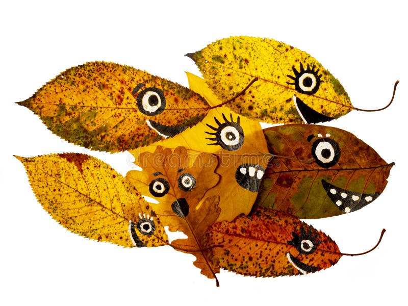 Happy face painted on autumnal leaves stock images