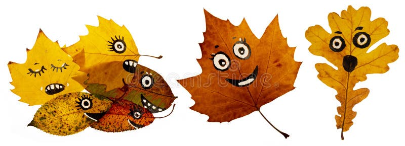 Happy face painted on autumnal leaves stock photography