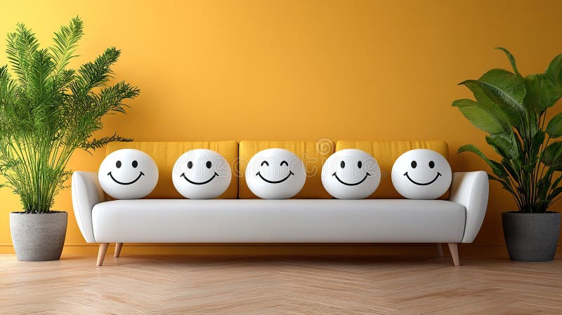 Happy faces on a couch in a bright room royalty free illustration