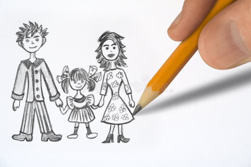 Drawing Happy family, pencil in hand closeup