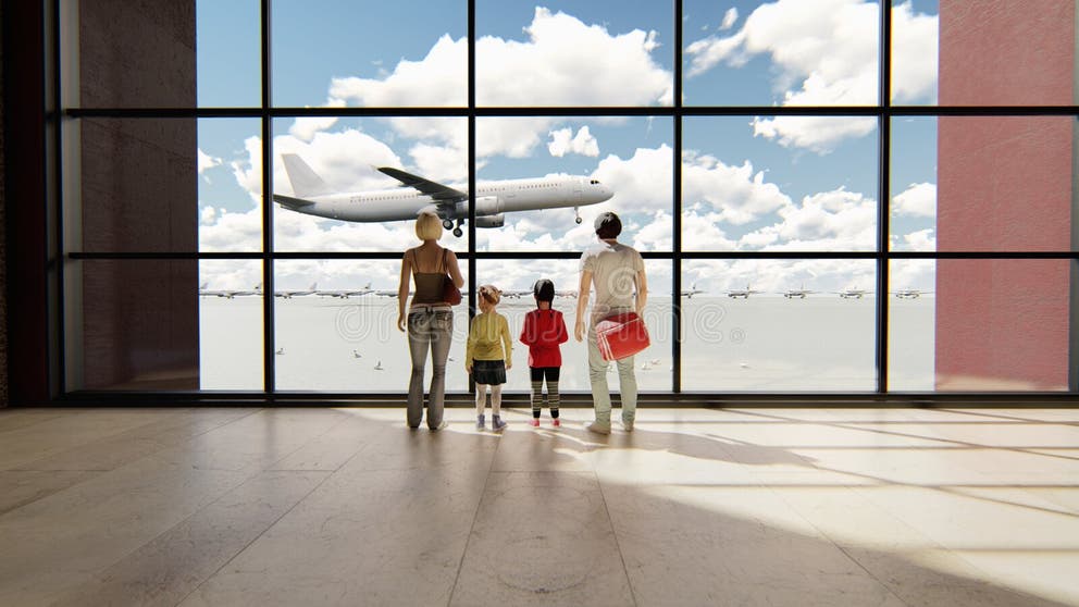 Happy Family In Airport Near Window Looking On Airplanes And Waiting Happy Family In Airport Near Window Looking On Airplanes And Waiting