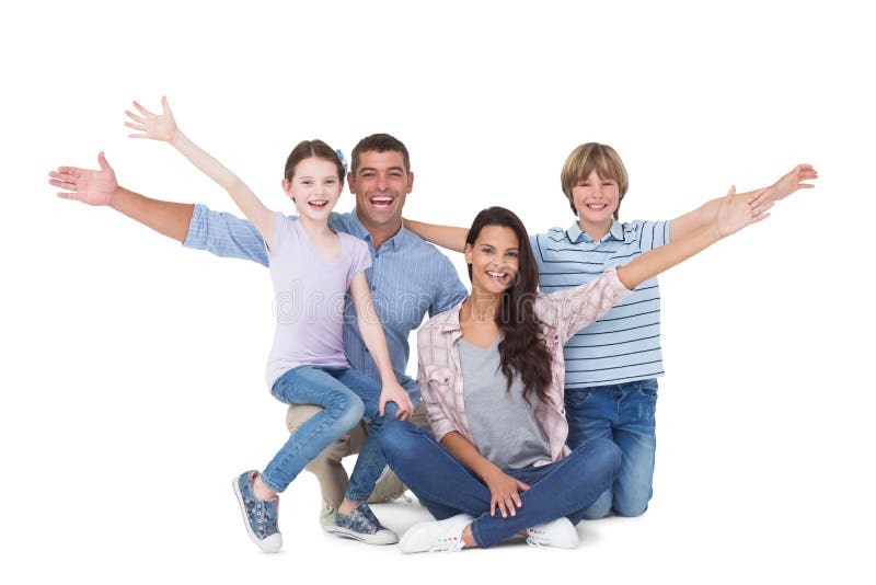 Happy family with arms outstretched over white background. Portrait of happy family with arms outstretched over white background stock photo Happy family with arms outstretched over white background. Portrait of happy family with arms outstretched over white background stock photo