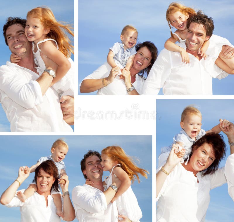 Montaggio della giovane famiglia felice divertirsi all'aria aperta, vestita di bianco e con il cielo azzurro sullo sfondo.