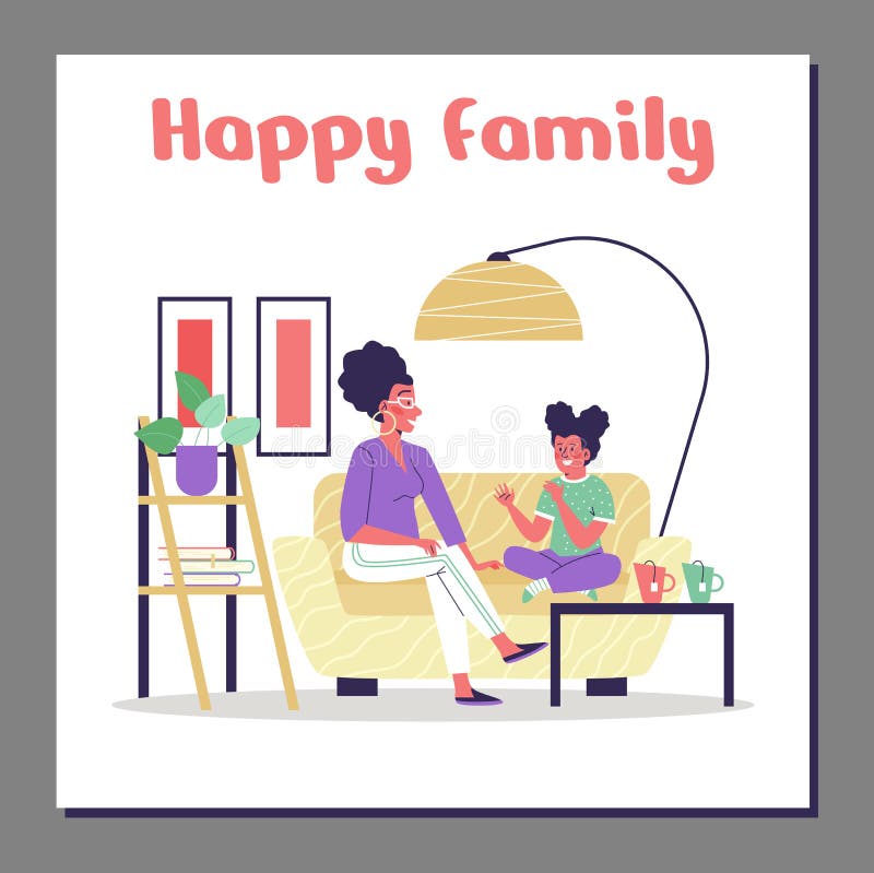 Happy family banner or poster design with mother talking to her teenage child, flat vector illustration. Concept of good relationship in family with mother and daughter. Happy family banner or poster design with mother talking to her teenage child, flat vector illustration. Concept of good relationship in family with mother and daughter.