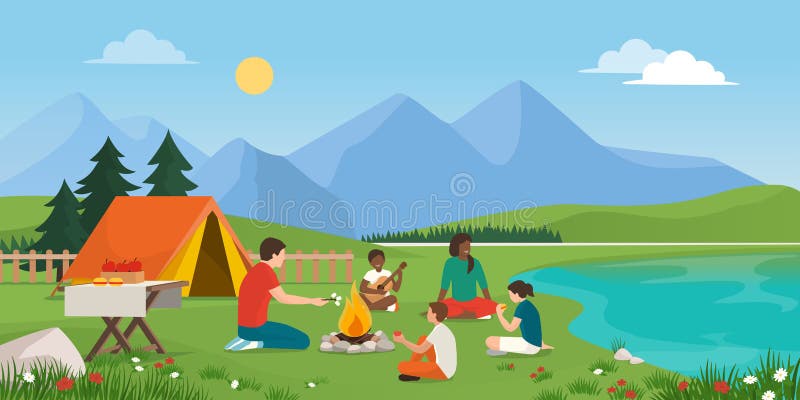 Happy family camping together in nature, they are sitting around a fire, eating together and having fun