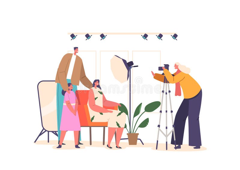 Happy Family Characters Gathers In The Photo Studio, Smiles And Laughter Captured On Camera, Cartoon Vector Illustration vector illustration
