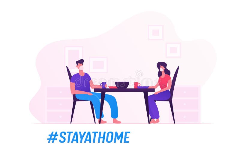 Happy Family Characters Wear Medical Masks Eating Together Staying at Home during Quarantine Self Isolation. Couple Sitting at Table on Kitchen Having Meal. Cartoon Vector People Illustration