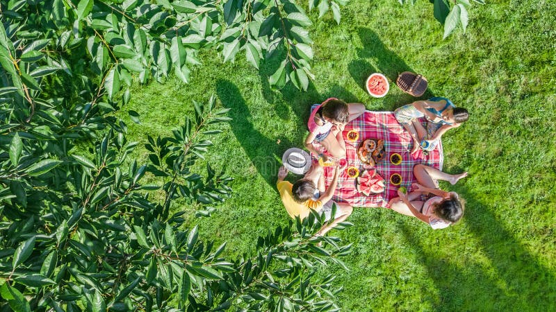 Happy family with children having picnic in park, parents with kids sitting on garden grass and eating healthy meals outdoors