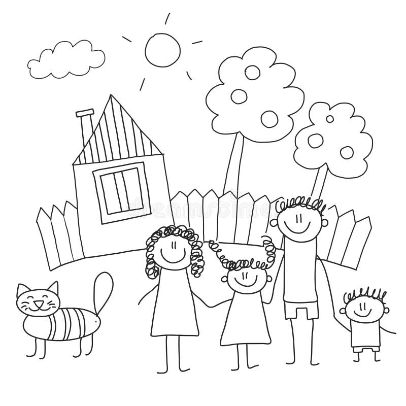Happy Family with Children. Kids Drawing Style Vector Illustration