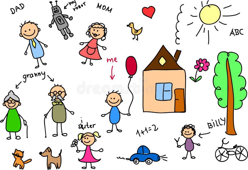 Happy family, children s drawing, vector