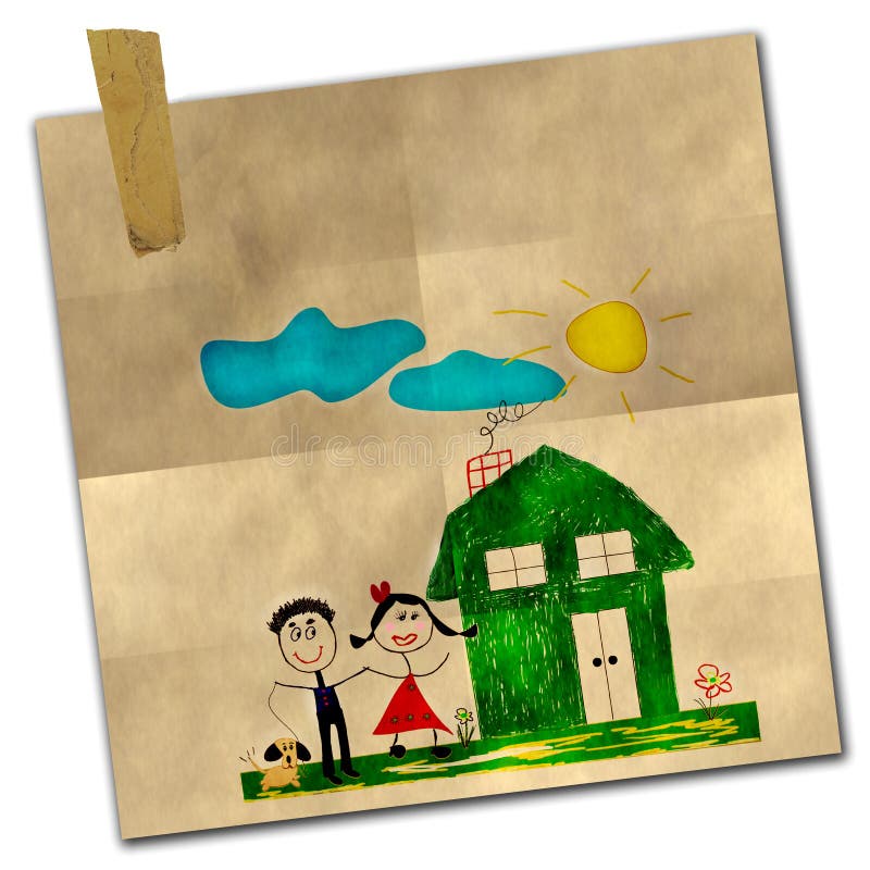 Per bambini colorato il disegno di una famiglia felice, davanti alla loro casa disegnata su carta con del nastro adesivo.
