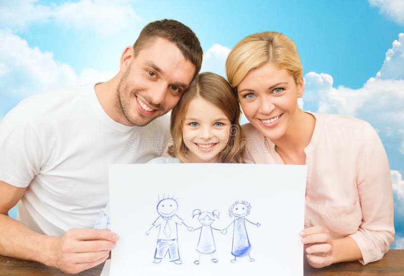 People, happiness, adoption and childhood concept - happy family with drawing or picture over blue sky with clouds background