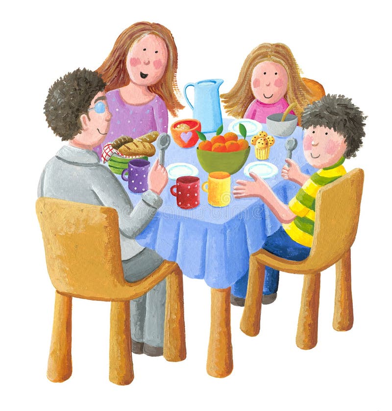 Acrylic illustration of happy family eating breakfast - artistic content