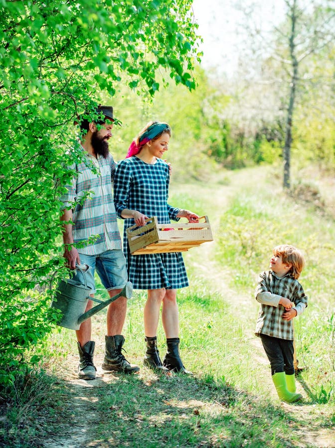 Happy Family in Garden. Family Gardening in the Backyard Garden. Stock