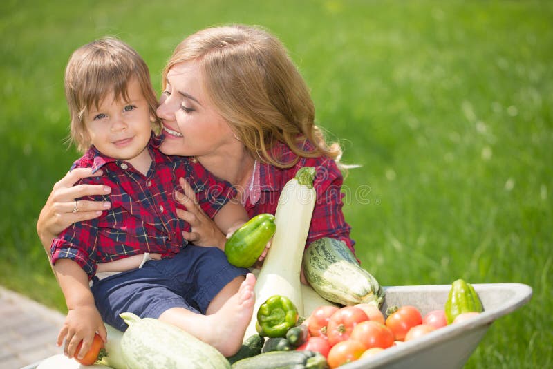 Happy family in the garden stock image. Image of barrow - 61159467
