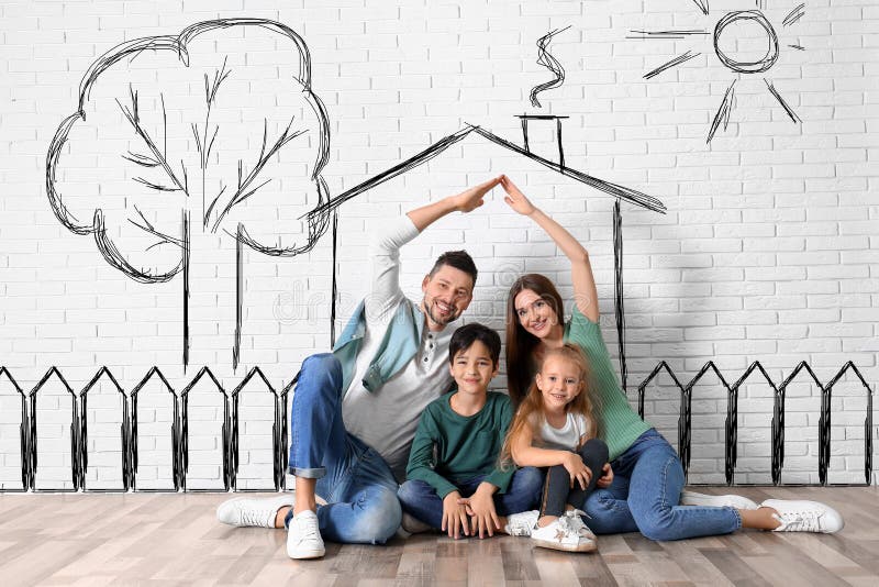 Happy family with kids dreaming about house. Illustrations on brick wall stock photography Happy family with kids dreaming about house. Illustrations on brick wall stock photography