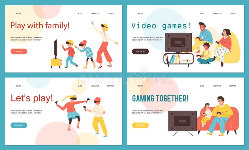 Happy family with kids playing video games together - landing page template, flat vector illustration. Set of web banners with cartoon characters holding joysticks and wearing VR glasses.